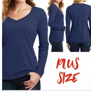 Plus Size Navy Long Sleeve V-Neck Tee Shirt Top